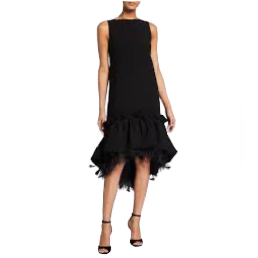 Huishan Zhang Black Feather Trim‎ Ruffle Hem Sleeveless Cocktail Dress US 4 NWT
